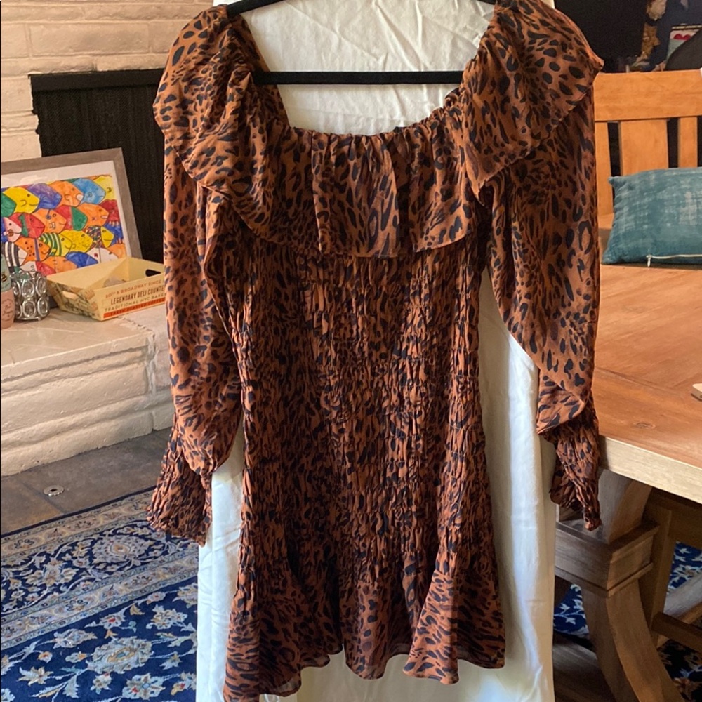 Fully smocked Leopard Print Ruffled on/off shoulder midi-Dress L-XL